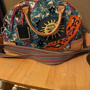 Consuela Bech commuter Multicolor Floral Patchwork Satchel with Striped Strap